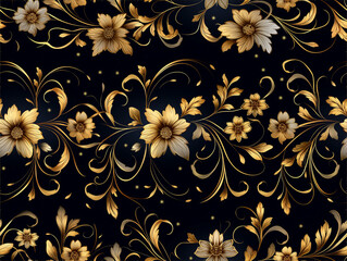 elegant floral pattern with golden flowers on a dark background, perfect for wallpaper or luxury textile design.
