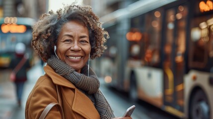 Smiling Woman Waiting for Bus