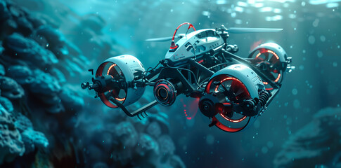 Deep-sea exploration drone navigating the abyss, capturing rare marine life and geological formations with high-definition cameras