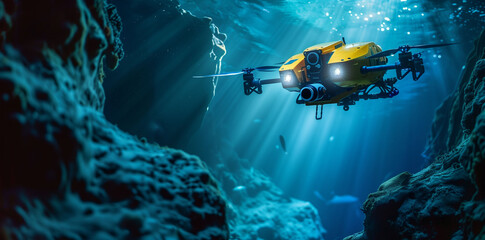 Deep-sea exploration drone navigating the abyss, capturing rare marine life and geological formations with high-definition cameras - Powered by Adobe