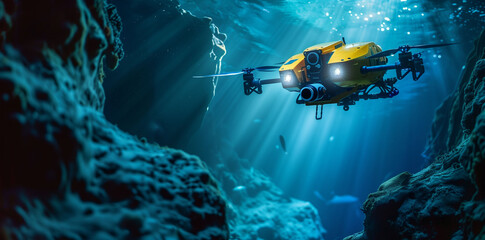 Deep-sea exploration drone navigating the abyss, capturing rare marine life and geological formations with high-definition cameras