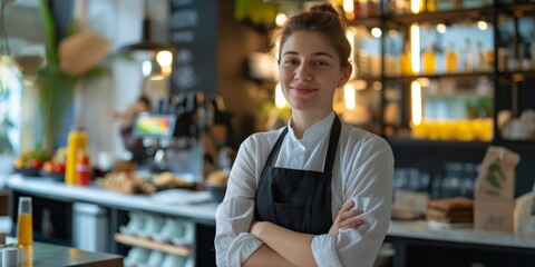 A young female waitress in apron stands with arms crossed in front of cafe counter with beverages in the background