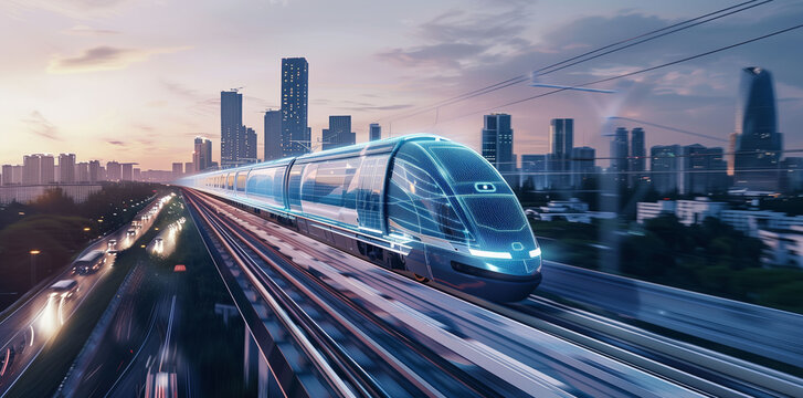 High-speed train network interface, visualizing the seamless integration of maglev technology across an urban landscape