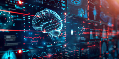 AI-powered diagnostic system visualizing complex medical imaging and providing predictive analytics for early disease detection