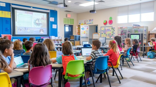 A group of children sitting at desks in a classroom, focused on a screen in front of them.