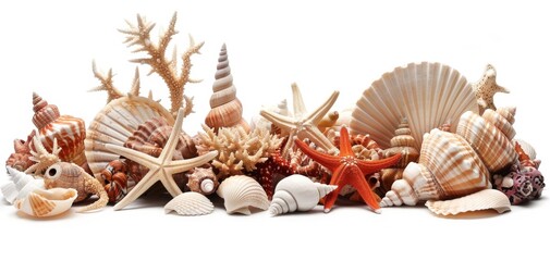 Obraz premium Beautiful arrangement of seashells, starfish, and coral pieces, capturing the essence of the ocean, isolated on a white background