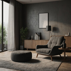 A minimalist living room. A blank picture frame hangs on the wall above the armchair, ready for customization. Dark tones.