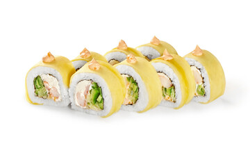 Crab and cream cheese sushi rolls with mango on white