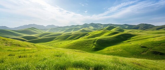 Scenic view of rolling green hills under a bright, sunny sky, perfect for capturing the essence of natural beauty, isolated on a white background