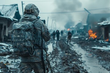Fototapeta premium A soldier with a camera on helmet stands in a devastated area with smoke and fire in the background, suggesting a war scenario