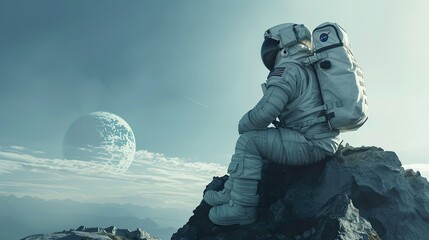 One astronaut is sitting on a huge rock and looking at the outline of the Earth in the distance.