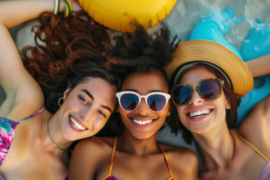 A group of diverse friends, smiling and enjoying a sunny day,