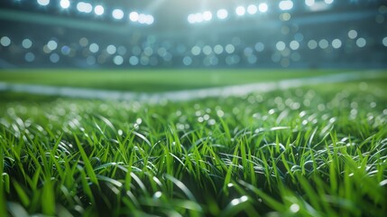 Lawn in the soccer stadium. Football stadium with lights. Grass close up in sports arena -...