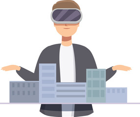Illustration of a person using vr technology to interact with 3d city buildings