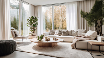 Nowoczesne minimalistyczne wnętrze salonu pokoju dziennego z dużymi oknami tarasowymi z zasłonami i firanami