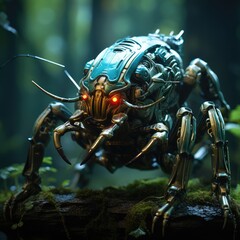 green robot bug in the forest