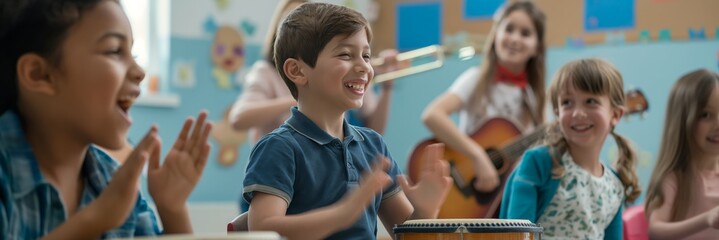Fototapeta premium Happy children in a classroom setting clapping hands with visible joy as one plays a guitar in the background amongst colorful decorations