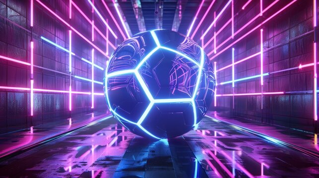 Panoramic 3D Rendering of Futuristic Neon Style Soccer Ball