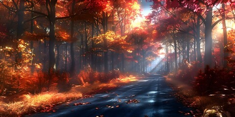 Vivid 3D rendering of forest road with dramatic lighting and vibrant foliage. Concept Digital Art, 3D Rendering, Forest Road, Dramatic Lighting, Vivid Foliage