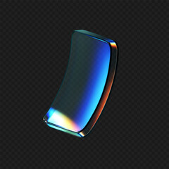 3d deform glass crystal liquid figure with rainbow reflection light isolated on dark background. Transparent flying 3d curvy glass square shapes or button with hologram gradient. 3d vector figure