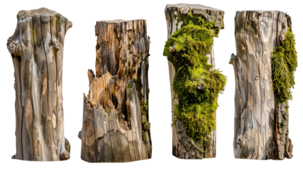 Set of weathered wooden trunks with thick moss, highlighting their role in supporting forest life and moisture retention,