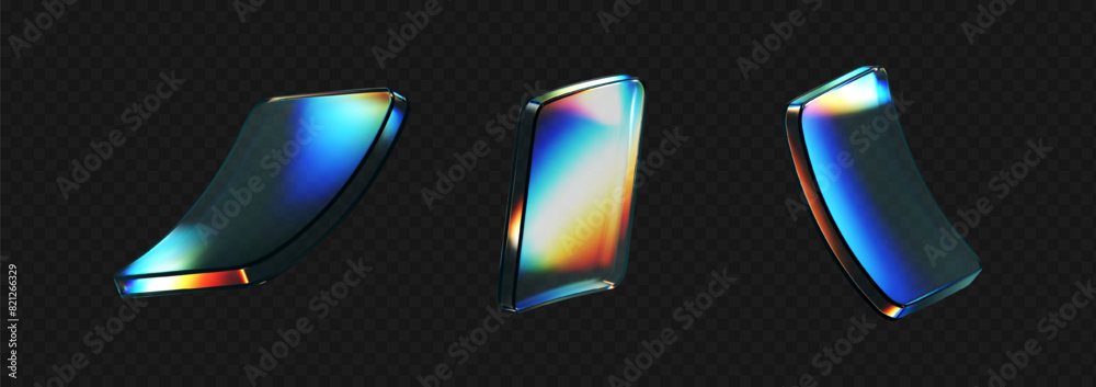 Wall mural 3d deform glass crystal liquid figure set with rainbow reflection light isolated on dark background.