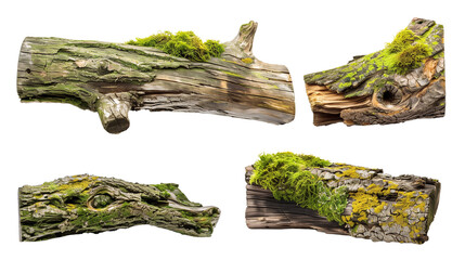 Set of fallen wooden trunks with green and yellow moss, showcasing the ecosystem's ability to reclaim and recycle