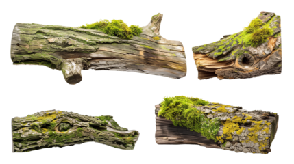 Set of fallen wooden trunks with green and yellow moss, showcasing the ecosystem's ability to reclaim and recycle