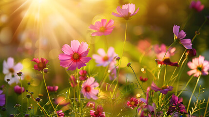 A close-up of a colorful flower field in the sunlight, representing the beauty of nature in spring or summer. Suitable for garden-related events and backgrounds.