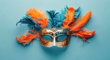 Mask With Feathers on Blue Background