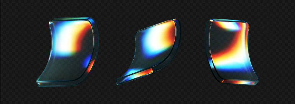 3d deform glass crystal liquid figure set with rainbow reflection light isolated on dark background. Transparent flying 3d curvy glass square shapes or button with hologram gradient. 3d vector figure