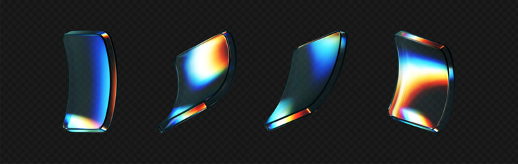 3d deform glass crystal liquid figure set with rainbow reflection light isolated on dark background. Transparent flying 3d curvy glass square shapes or button with hologram gradient. 3d vector figure