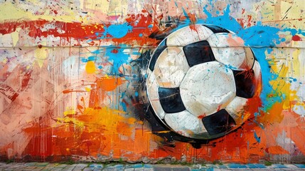 Soccer ball painted with airbrush on colorful wall on the street, street art, European Championship, World Championship