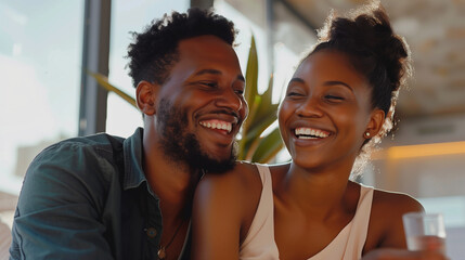 Fototapeta premium Smiling couple enjoying a bonding moment indoors during the day.