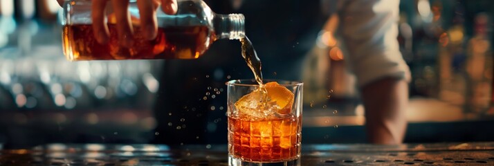 A close-up shot of amber-colored whiskey being poured over ice cubes in a short glass, capturing the motion and splash