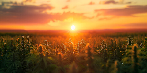 field of cannabis plants with a golden sunset in the background