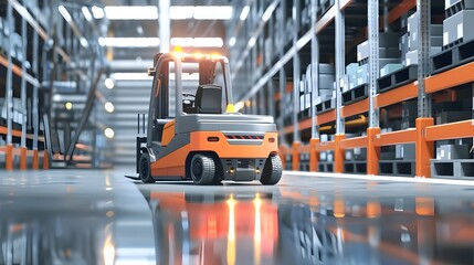 A forklift using artificial intelligence automation is storing items in a warehouse. Industrial logistics with robotics.