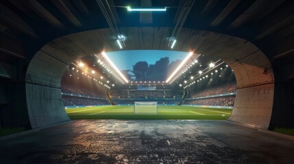 Stadium tunnel leading to soccer field. Players, athletes entrance to illuminated football stadium...