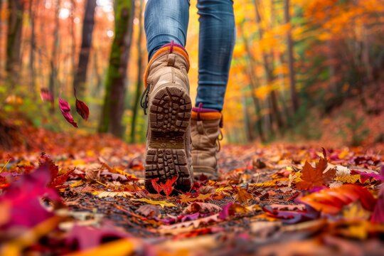 Person walking in autumn forest path with colorful fallen leaves and hiking boots