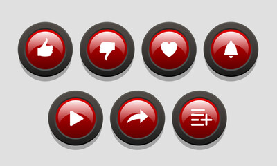 Buttons for the video blog interface. Like buttons, share, add to favorites. Vector set