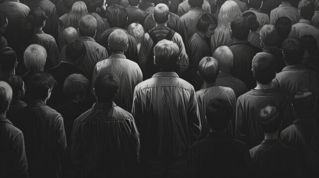 The black and white drawing shows a crowd of people and we can only see their backs. The concept of depersonalization of the masses, as all people are gray and stand densely in space. Illustration.