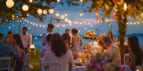 An enchanting outdoor wedding reception captured at dusk with guests and beautifully arranged tables