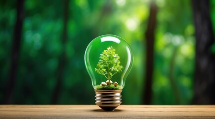 Tree seeds in a light bulb against a green forest backdrop, symbolizing eco-technology