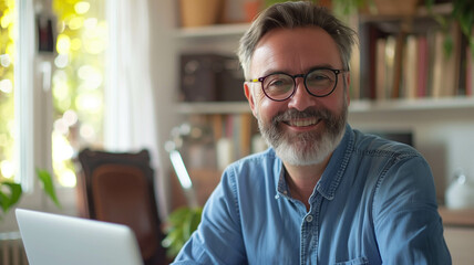 Fototapeta premium middle-aged guy with eyeglasses and blue shirt, working on a laptop