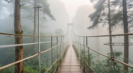 Fototapeta premium Suspension bridge over a misty forest