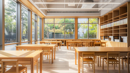 Fototapeta premium empty classroom with big window and soft light .
