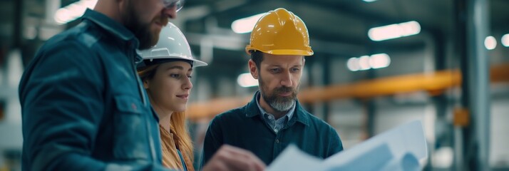 A diverse engineering team collaborates while examining plans at a factory worksite