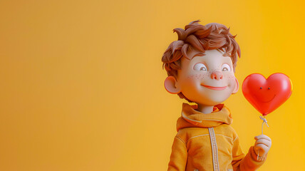 Fototapeta premium 3d little boy character holding heart shaped balloon studio shot .