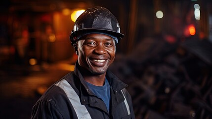 Fototapeta premium portrait of a smiling african american steel mill worker in a hard hat and uniform against the background of a workshop with melting metal.metallurgical plant with workers