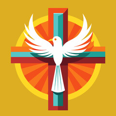 Fototapeta premium A cross with a dove flying above it, symbolizing peace and the Holy Spirit, Vector graphics element silhouette illustration